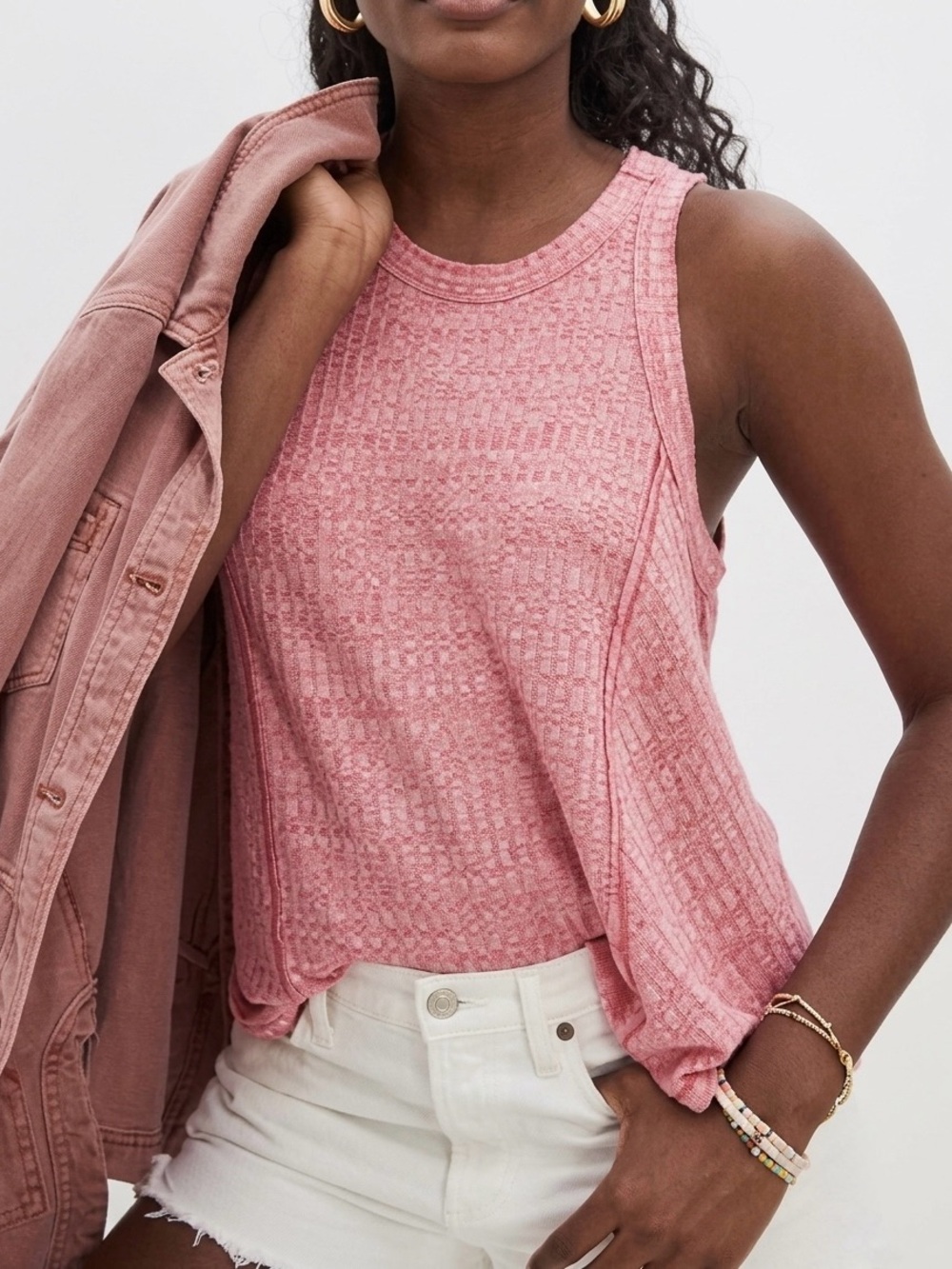 Daily Practice by Anthropologie Coral Pink Ribbed Knit Jacquard Tank Top Size XS
